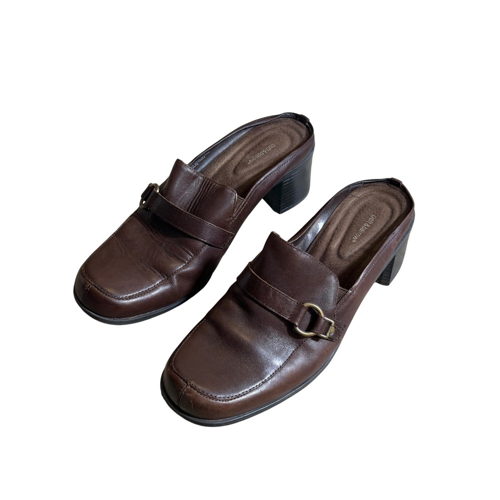 90s Office Croft & Barrow Bettie Brown Leather Mules Clogs Buckle Size 10